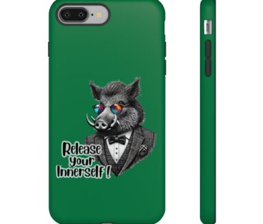 Etui de téléphone vert avec illustration de sanglier