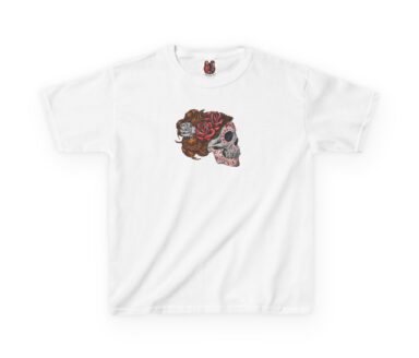 White T-shirt with Floral Skull Design