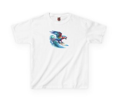 White T-shirt with Surfing Parrot Design