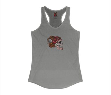 Camiseta de tirantes gris con diseño de calavera y rosa