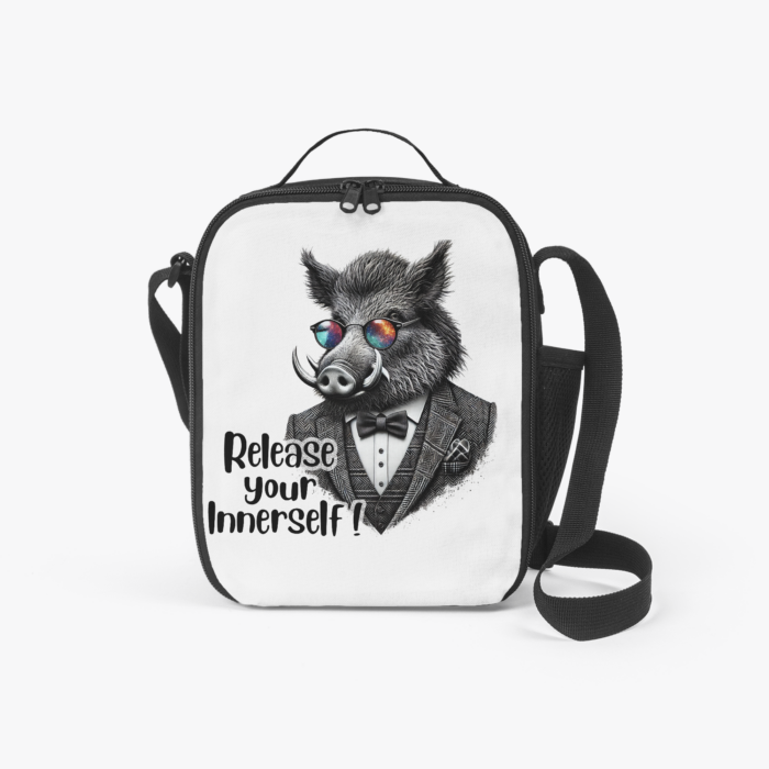 A bag featuring an illustration of a boar in a tuxedo with sunglasses and the text 'Release your Innerself'.