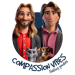 Illustration de deux personnages masculins souriants avec un chat et un chien, entourés du texte 'COMPASSION VIBES'.