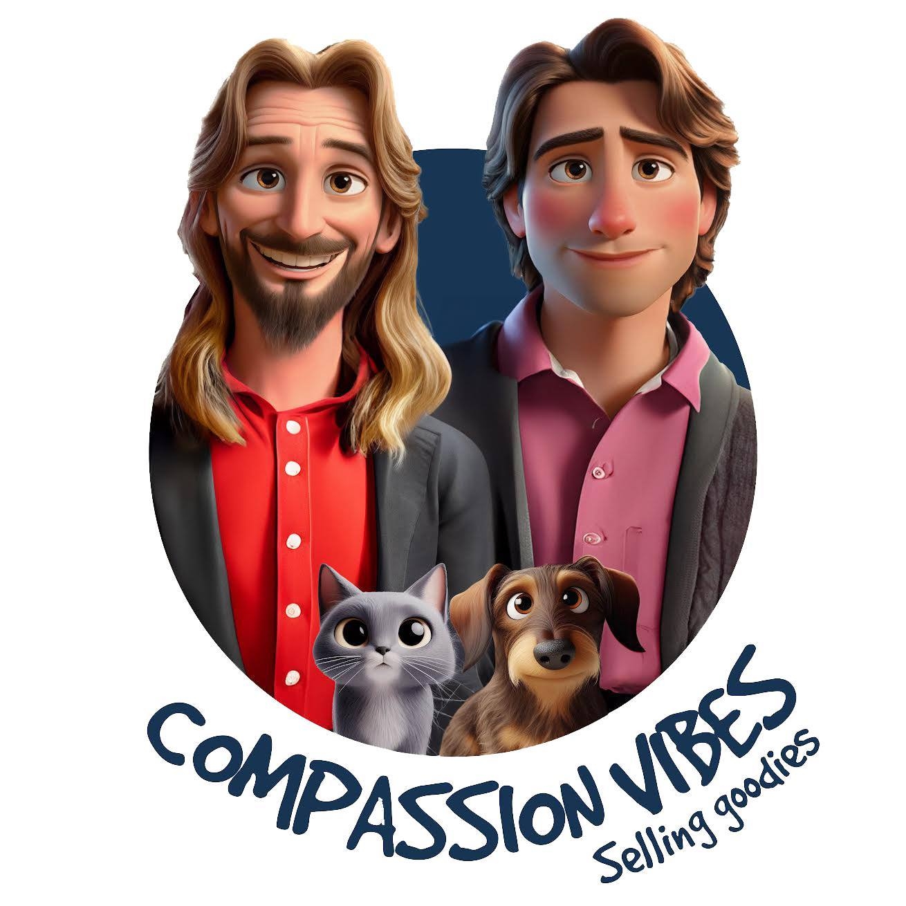 Logo of Compassion Vibes featuring two men and two pets, a cat and a dog, in a circular design.
