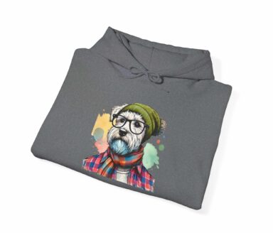 Wiener Dog graphic hoodie illustration with glasses beanie and plaid shirt