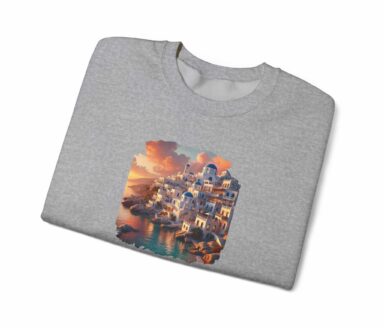 Santorini caldera graphic on gray crewneck sweatshirt – Greece travel design