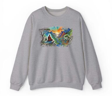 Multicolor landscape with meditating Buddha on gray hoodie