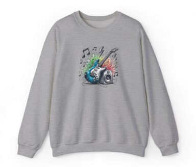 Rock sweatshirt with blue guitar graphic on gray fabric