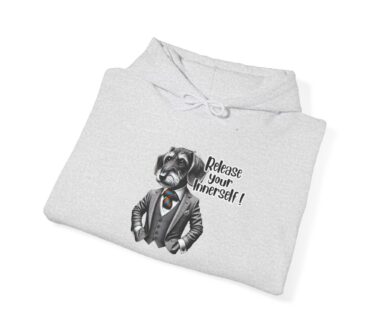 Dachshund in grey suit hoodie with motivational graphic Release Your InnerSelf