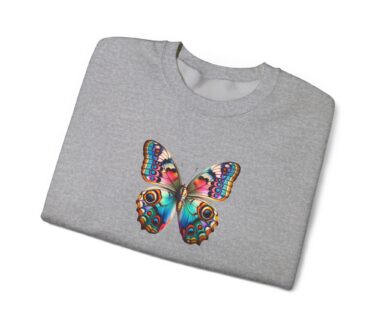 Sweat-shirt papillon avec papillon multicolore sur tissu gris chiné