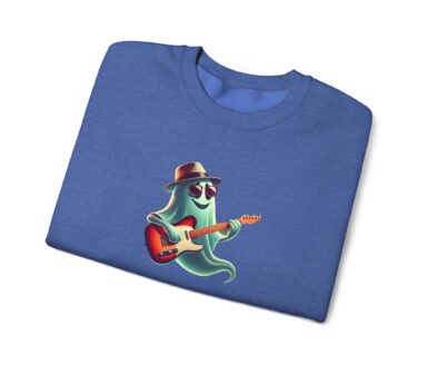 Ghost character playing guitar on blue sweatshirt graphic