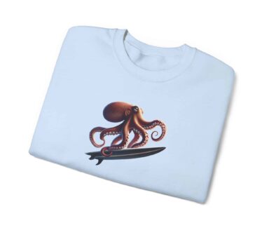 Brown octopus surfing on a light blue sweatshirt graphic