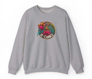 Buddha circular motivational design with lotus flowers on grey sweatshirt, Be the Change