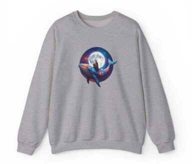 Viking Whale Moon graphic on gray crewneck sweatshirt