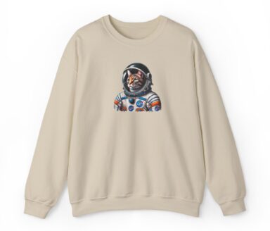 Space Cat Astronaut Graphic on Beige Sweatshirt