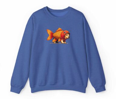 Sausage Dog in Orange Goldfish Costume on Blue Sweatshirt