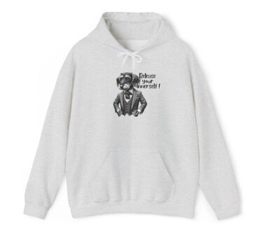 Dachshund Motivation Hoodie: Gray Hoodie with Dog in Suit Graphic