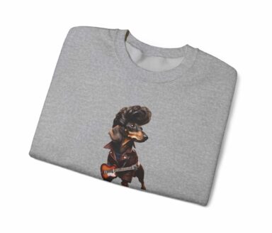 Sweatshirt Chien Rocher – Graphisme de chien à la guitare sur col rond gris