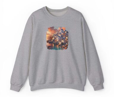 Santorini Greece landscape print on gray sweatshirt