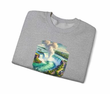 Niagara Falls landscape graphic on gray Gildan 18000 sweatshirt