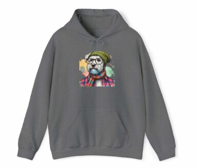 Wiener Dog sweatshirt dachshund print with colorful scarf and beanie on gray hoodie