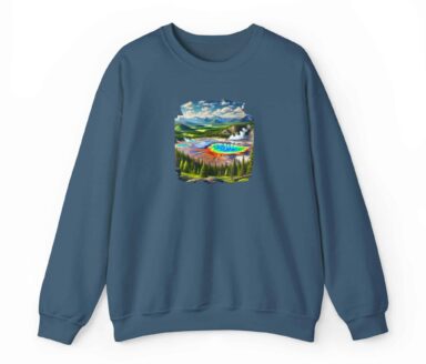 Wyoming Yellowstone landscape print on blue sweatshirt with colorful hot spring scene