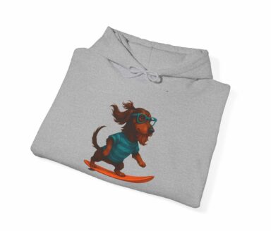Surf Dog Hoodie graphic on grey hoodie featuring brown dachshund in teal attire surfing