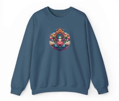 Buddha meditation print on blue Mindfulness yoga sweatshirt with colorful motifs