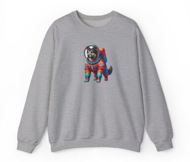 Space Dog Astronaut Dog Sweatshirt on Grey Fabric – Colorful Graphic