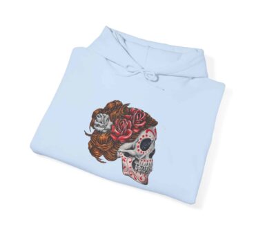 Dia De Los Muertos skull hoodie on light blue fabric with floral crown – Gildan 18500
