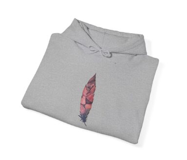Gray Hoodie with Pink Feather Print — Boho Retro Style, Gildan 18500