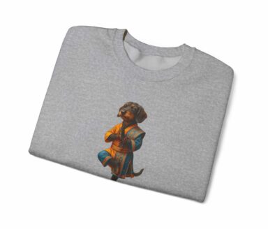 Dog Yoga dachshund in orange and blue robe