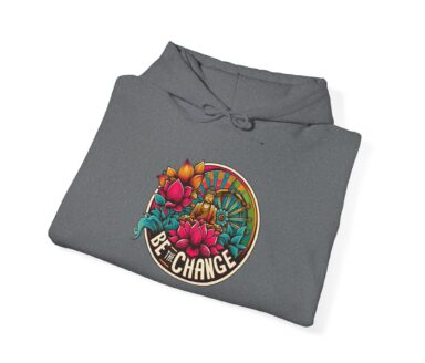 Be The Change Buddha lotus round design on gray hoodie, vibrant meditation print