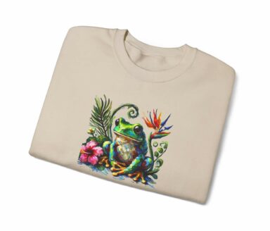 Frog multicolor tropical graphic on beige Gildan sweatshirt with boho vibe