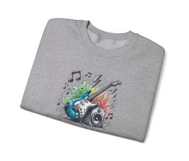 Gray crewneck sweatshirt with blue electric guitar graphic and colorful splash design
