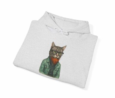 Sudadera con capucha de gato hipster, sudadera de gatito, sudadera de gato bohemia en sudadera con capucha gris con chaqueta verde