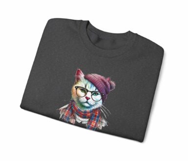 Hipster Kat sweatshirt: kleurrijke kat met bril, sjaal en muts op houtskoolgrijs