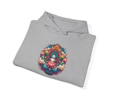 Buddha mandala on heather grey hoodie with colorful circular design