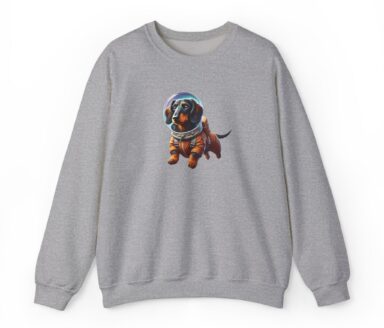 Space Dog sweatshirt – Astronaut Dog on gray crewneck fleece (Gildan 18000)