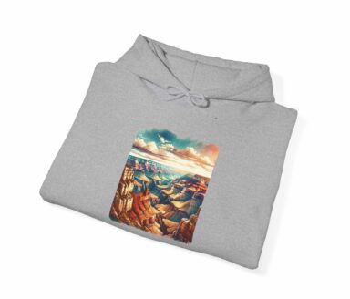 Grand Canyon landscape print on gray hoodie featuring Gildan 18500 fleece