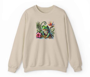 Frog graphic on beige Gildan 18000 sweatshirt with tropical plants