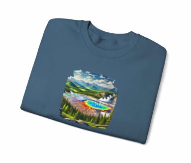 Wyoming USA landscape print on blue sweatshirt with colorful geothermal scene