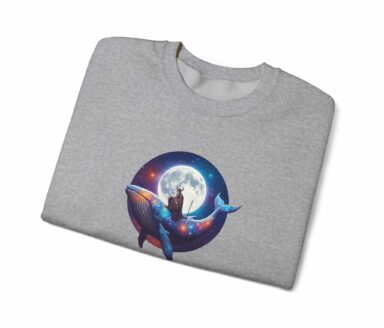 Viking graphic sweatshirt with blue whale and moon on heather gray fabric