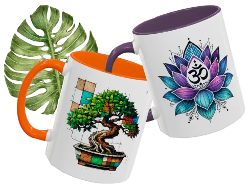 Two colorful mugs featuring a bonsai tree and a lotus flower design against a dark background.